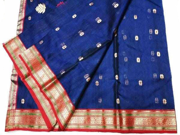 Royal Blue Chanderi Silk Saree With Red-Gold Border And Leaf Design