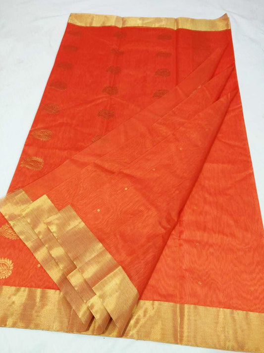 Orange Chanderi Silk Saree With Gold Border- CSH011
