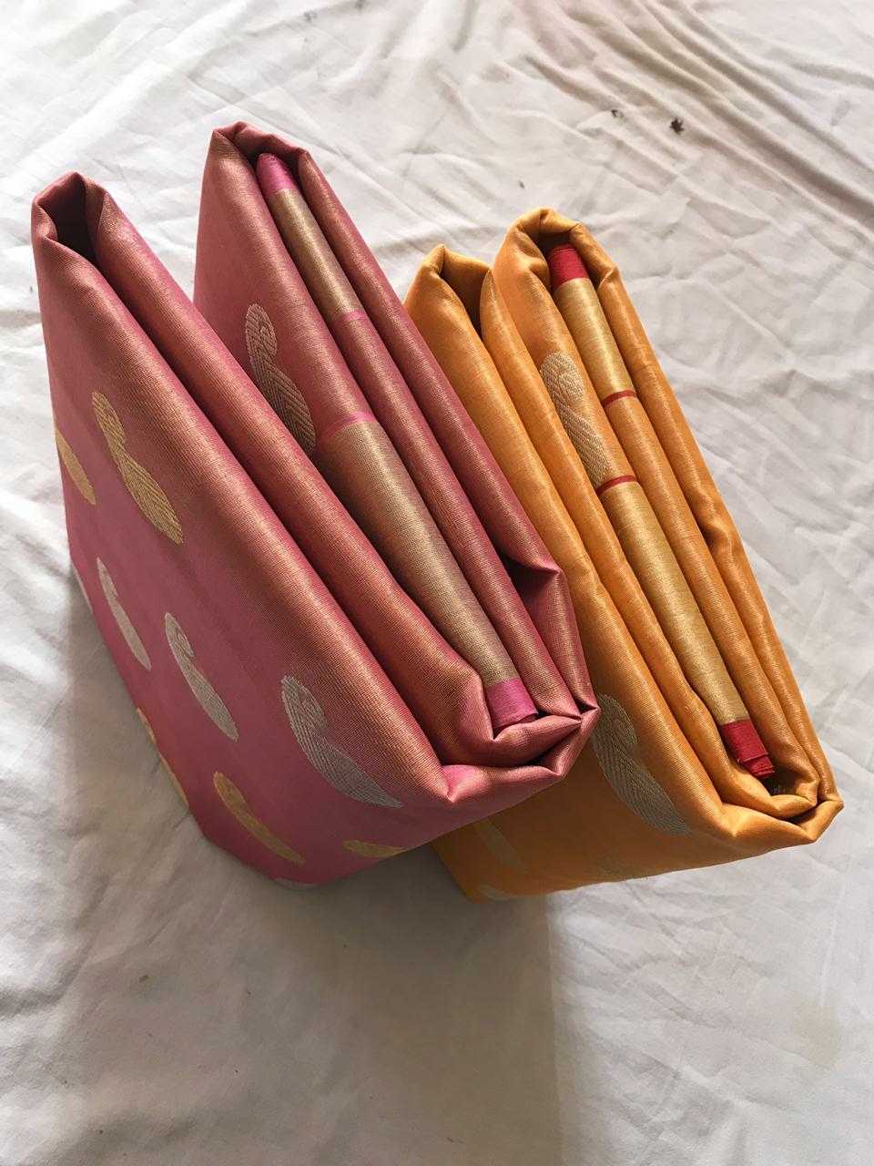 Coral Pink Chanderi Silk Saree With Gold Border- CSH026