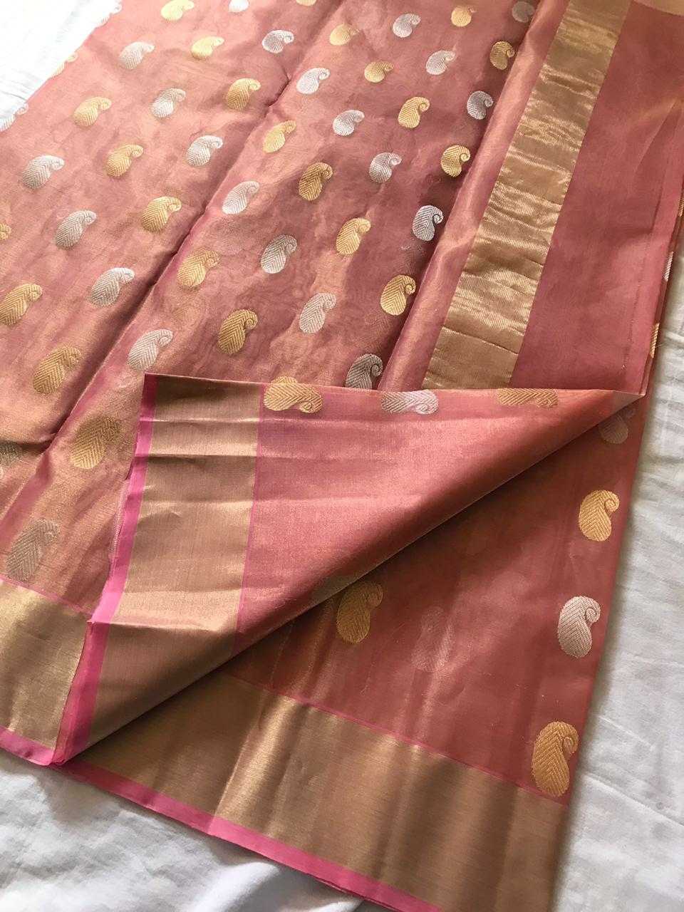 Coral Pink Chanderi Silk Saree With Gold Border- CSH026