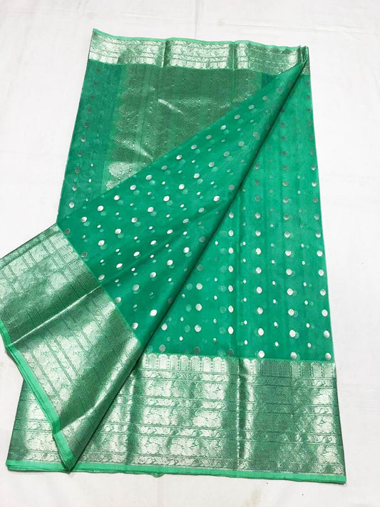 Teal Green Chanderi Silk Saree With Silver Border- CSH035