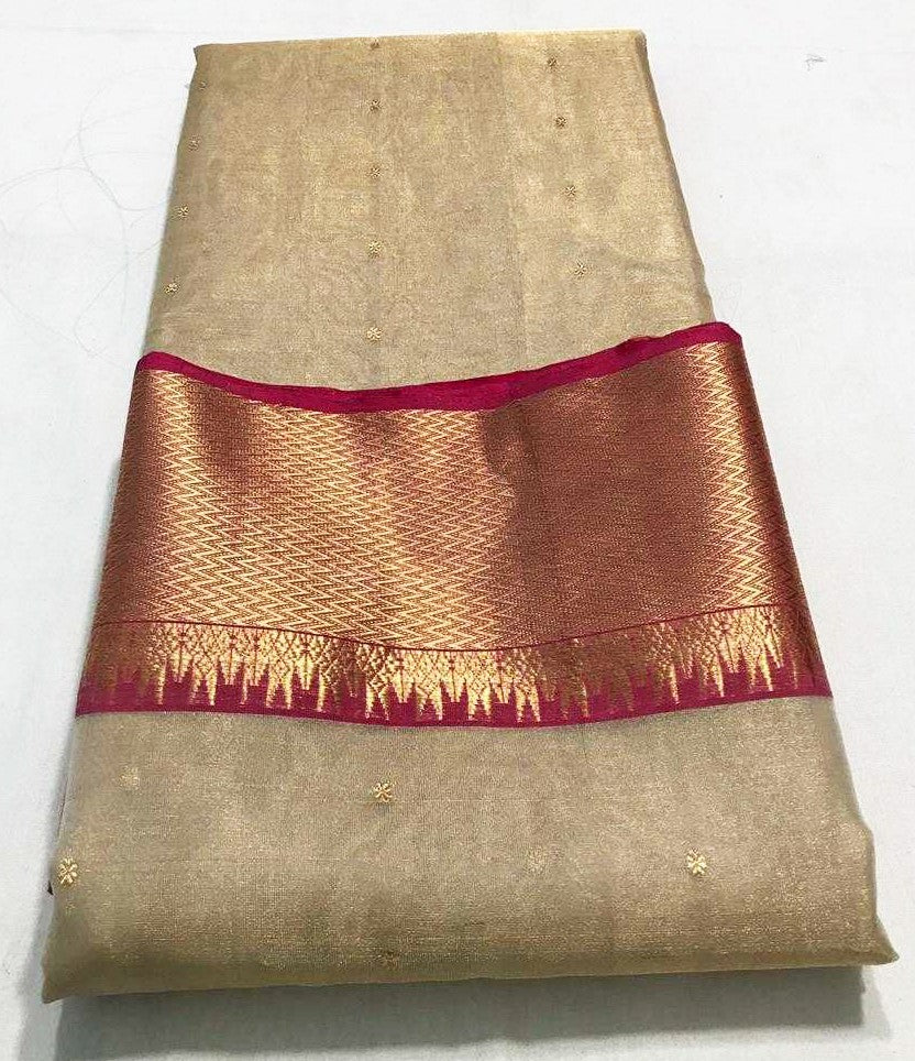 Off-White Chanderi Silk Saree With Copper-Gold Border- CSH037