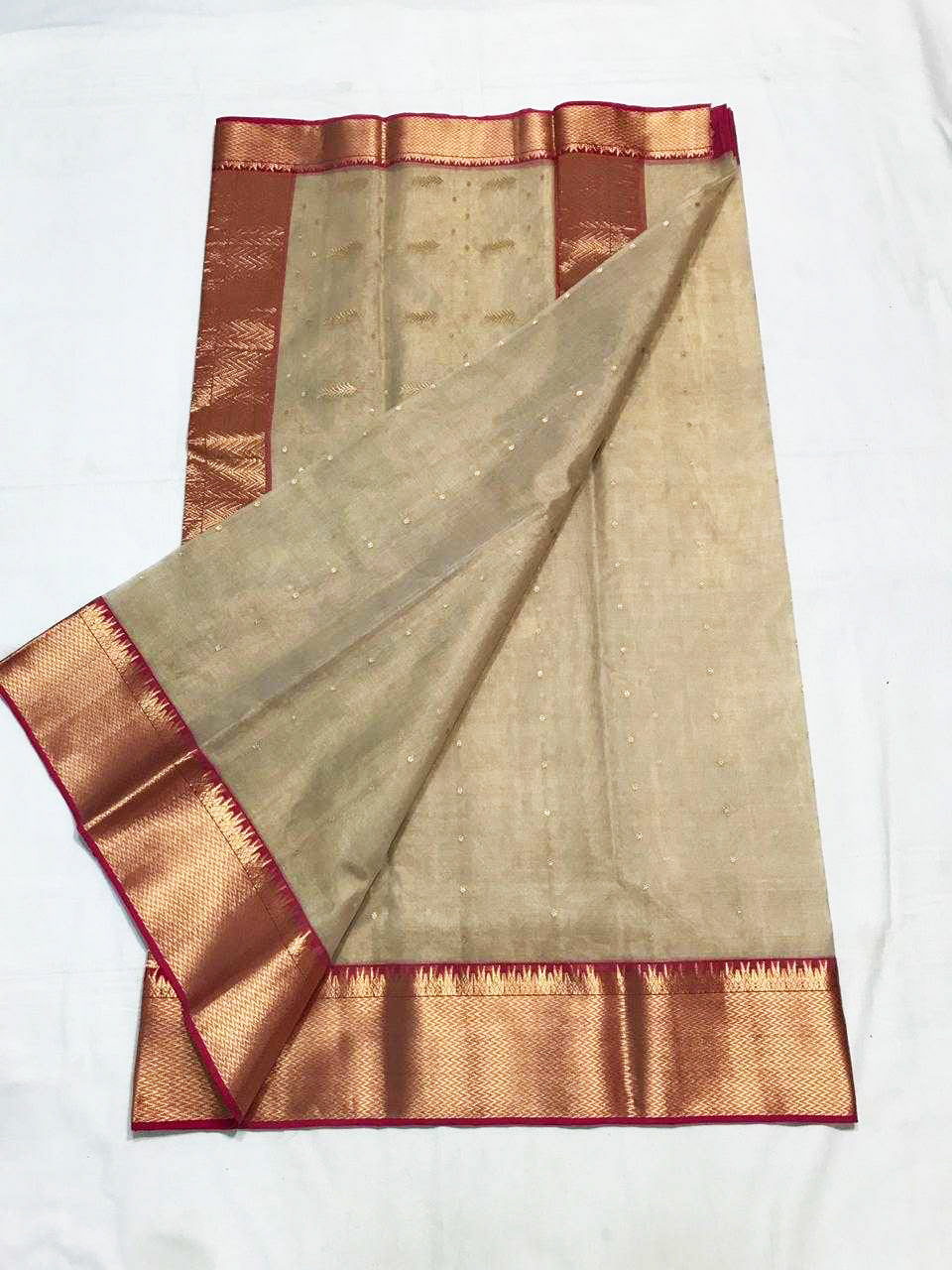 Off-White Chanderi Silk Saree With Copper-Gold Border- CSH037