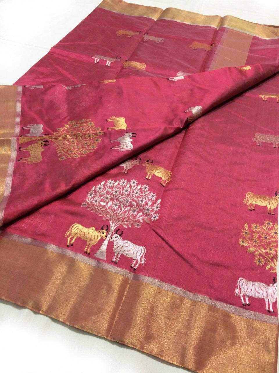 Ruby Pink Chanderi Silk Saree With Animal Print and Gold Border- CSH002
