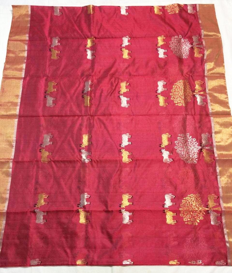 Ruby Pink Chanderi Silk Saree With Animal Print and Gold Border- CSH002