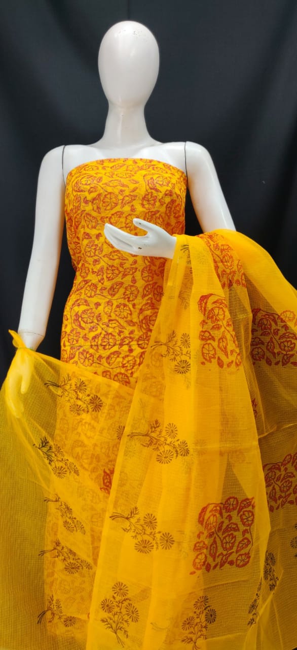 Canary Yellow Printed Kota Dress Material