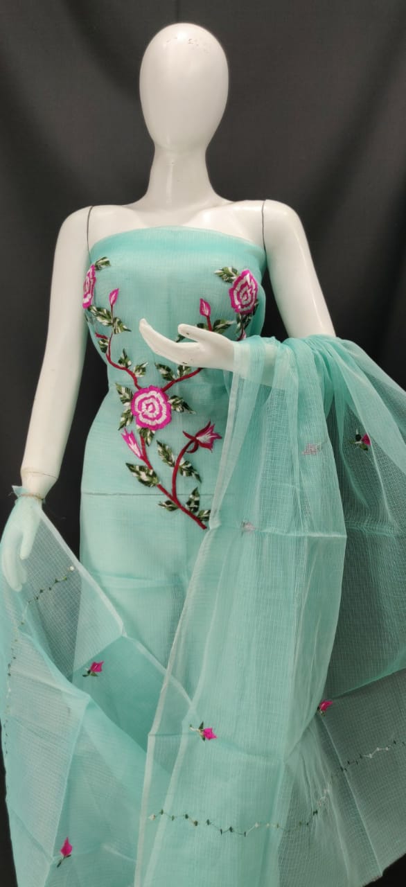 Turquoise Blue With Pink Embroidery Kota Dress Material