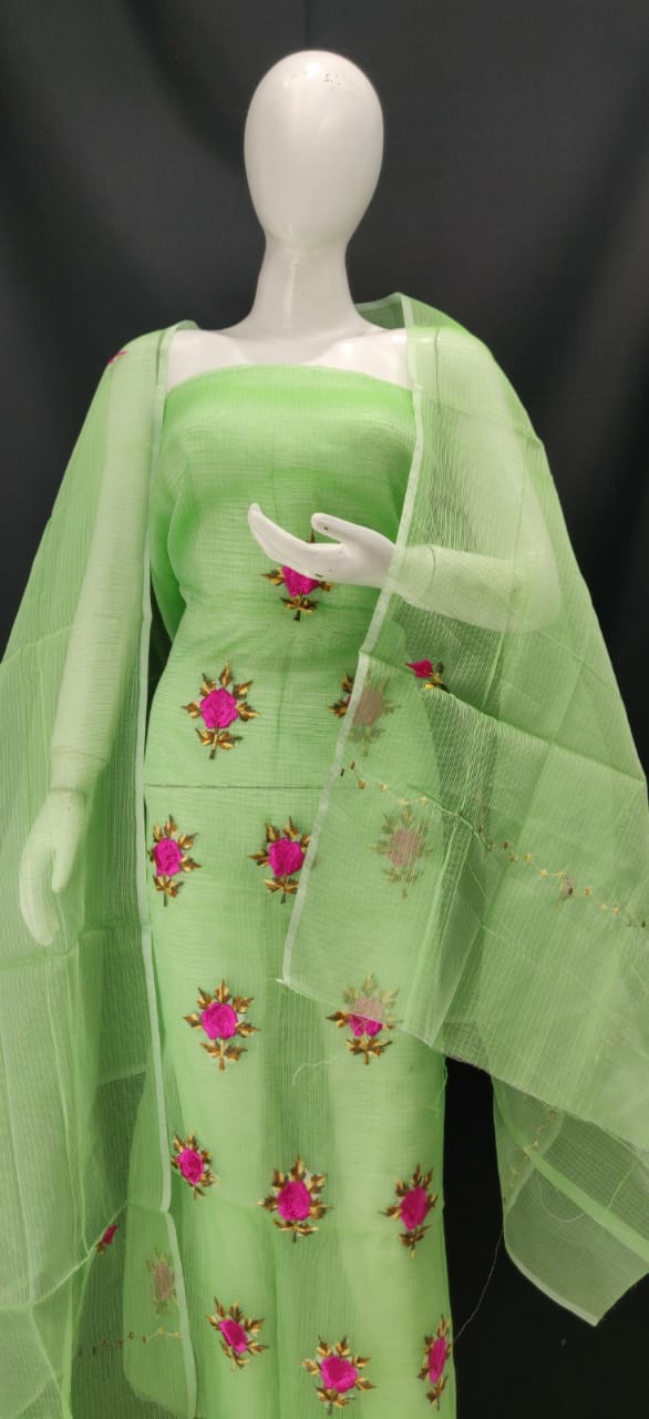 Olive Green With Pink Embroidery Kota Dress Material