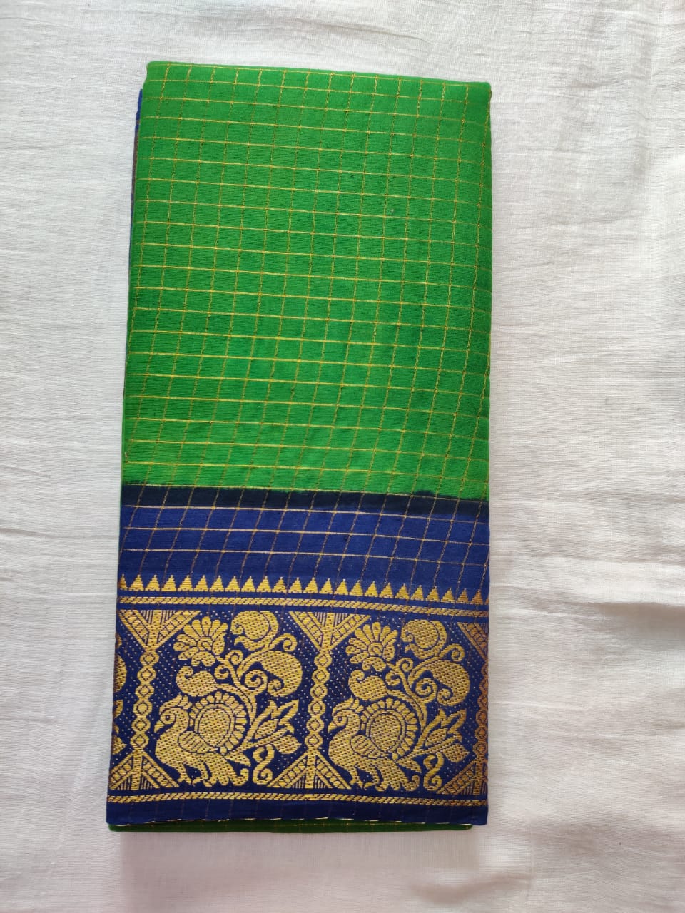 Green With Blue Madurai Sungudi Sarees - Double side Jari Border Jari Check