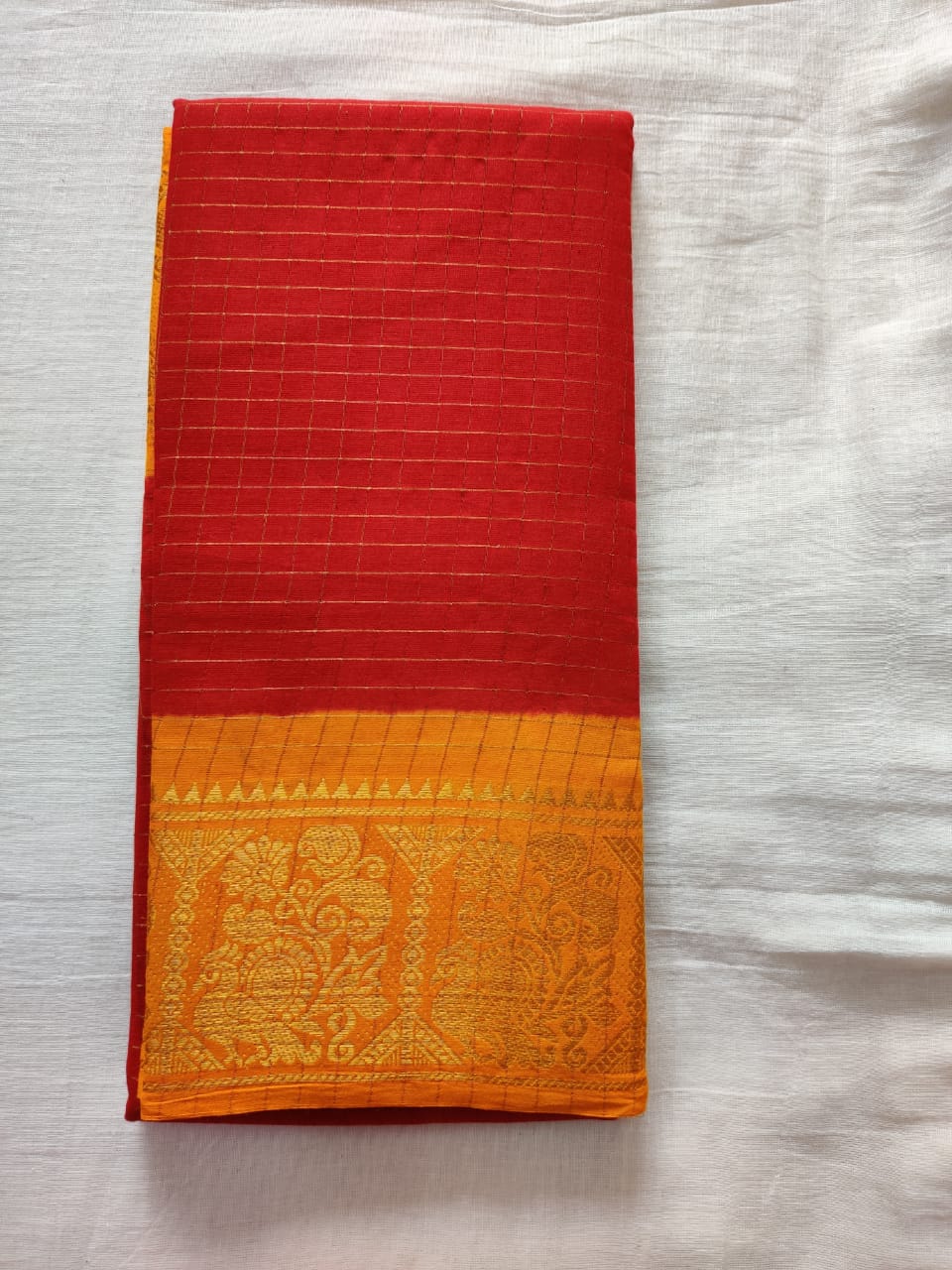 Red With Golden Border Madurai sungudi Saree- Double Side Jari Border Jari Check