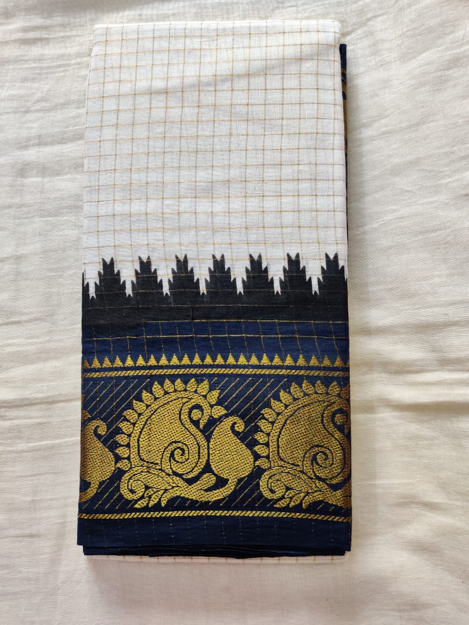 White Black With Blue Border Madurai Sungudi Saree- Double side Jari Border Jari Check
