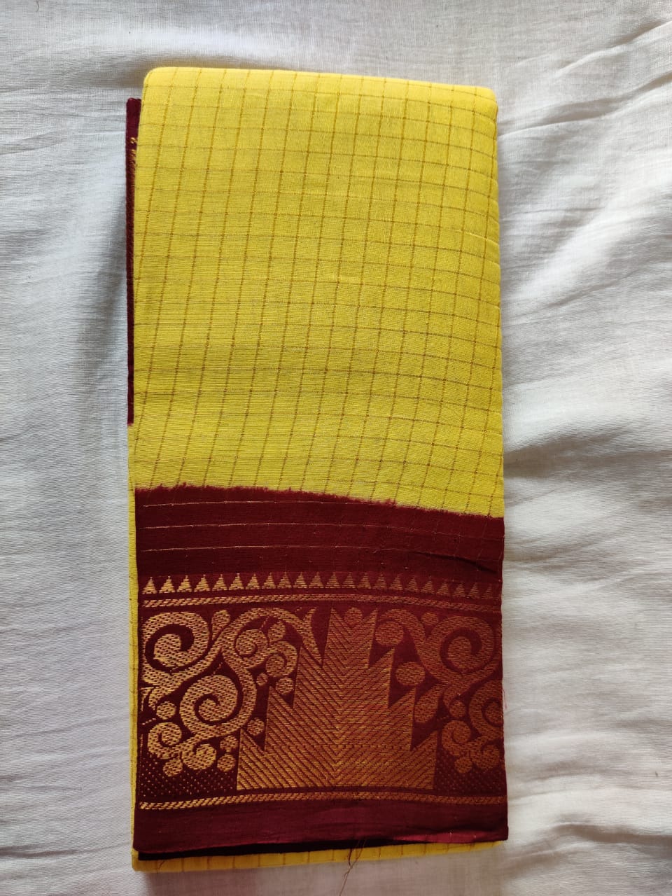 Yellow with Maroon Border Madurai Sungudi Saree- Double Side Jari Border Jari Check