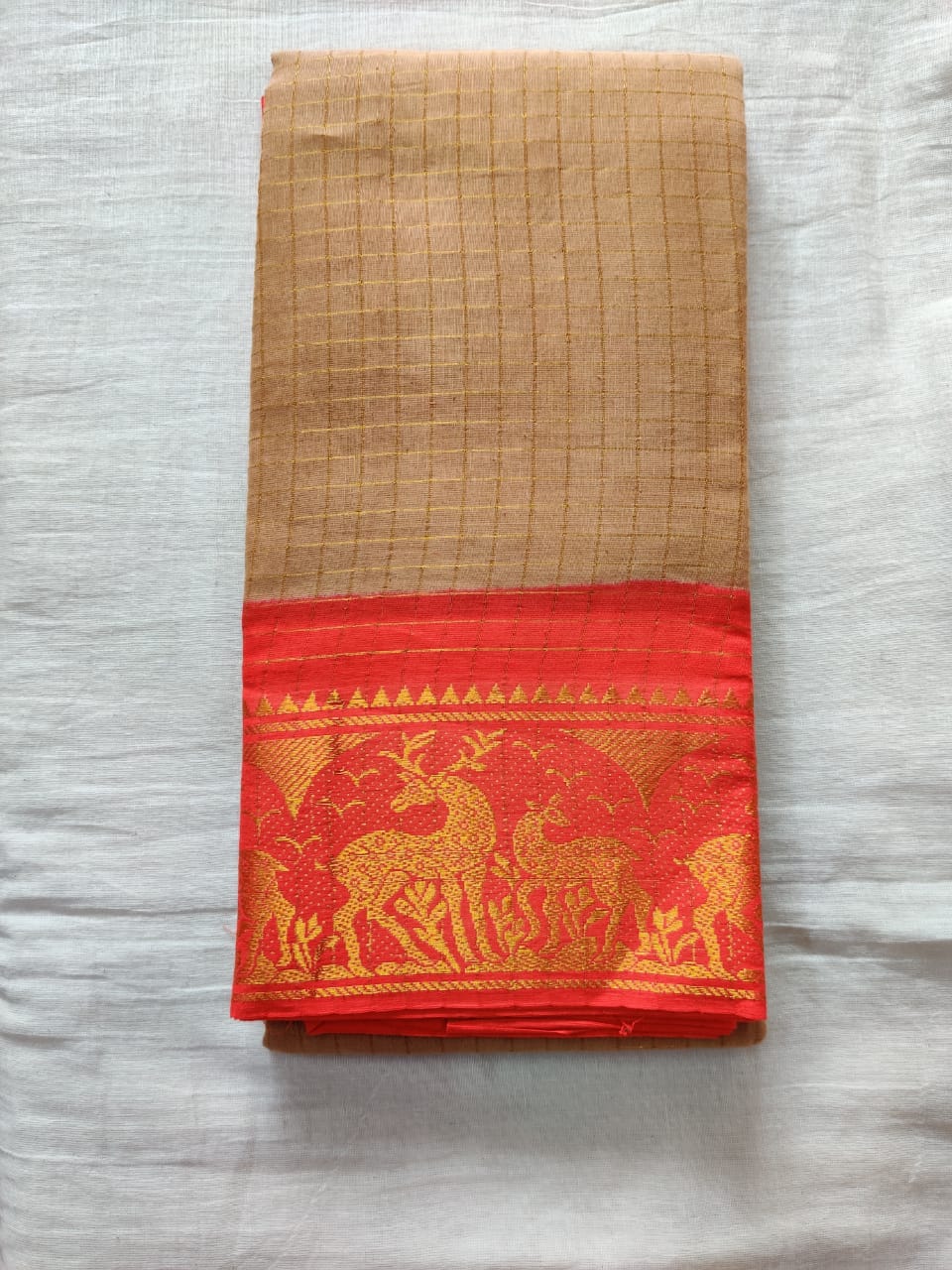 Brown With Orange Border Madurai Sungudi Saree- Double side Jari Border Jari Check