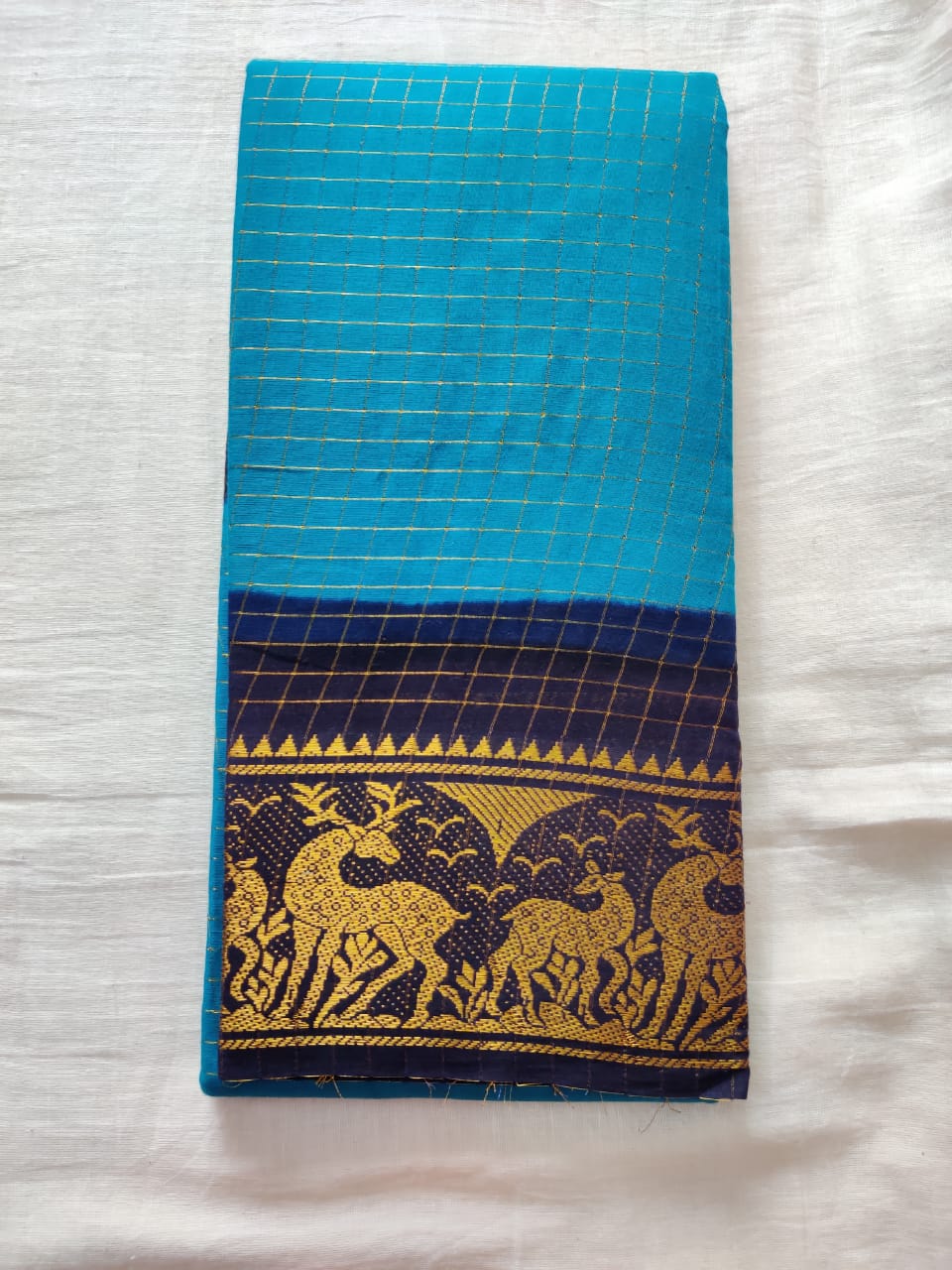 Sky Blue With Golden Border Madurai Sungudi Saree- Double Side Jari Border Jari Check