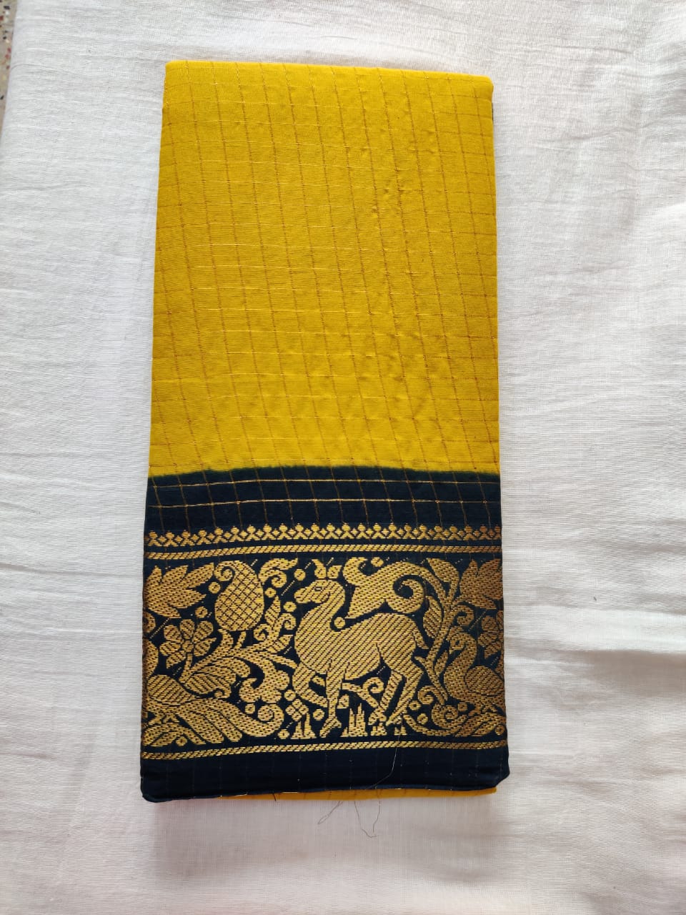 Yellow With Black Border Madurai Sungudi Saree- Double Side Jari Border Jari Check