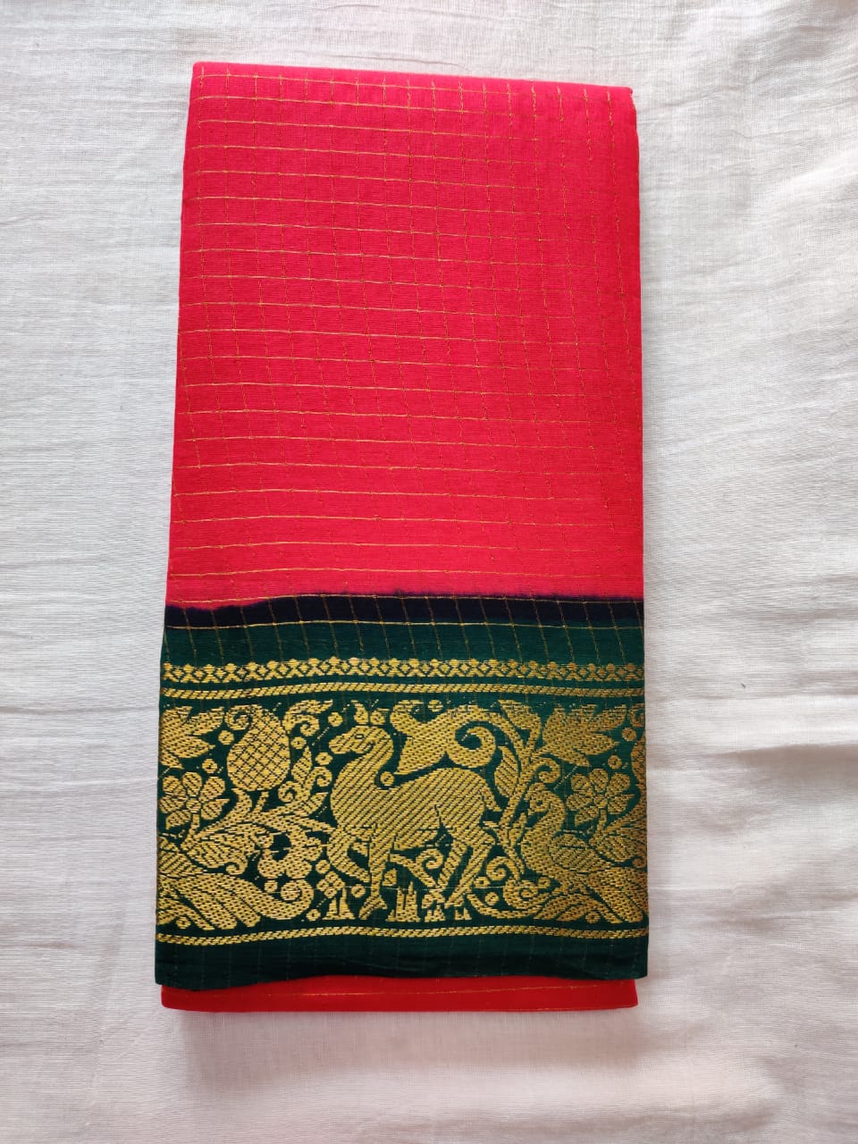 Pink With Green Border Madurai Sungudi Saree- Double Side Jari Border Jari Check