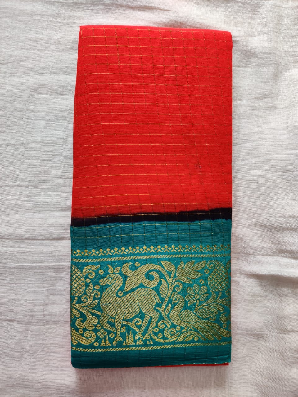 Red With Sky Blue Border Madurai Sungudi Saree- Double Side Jari Border Jari Check