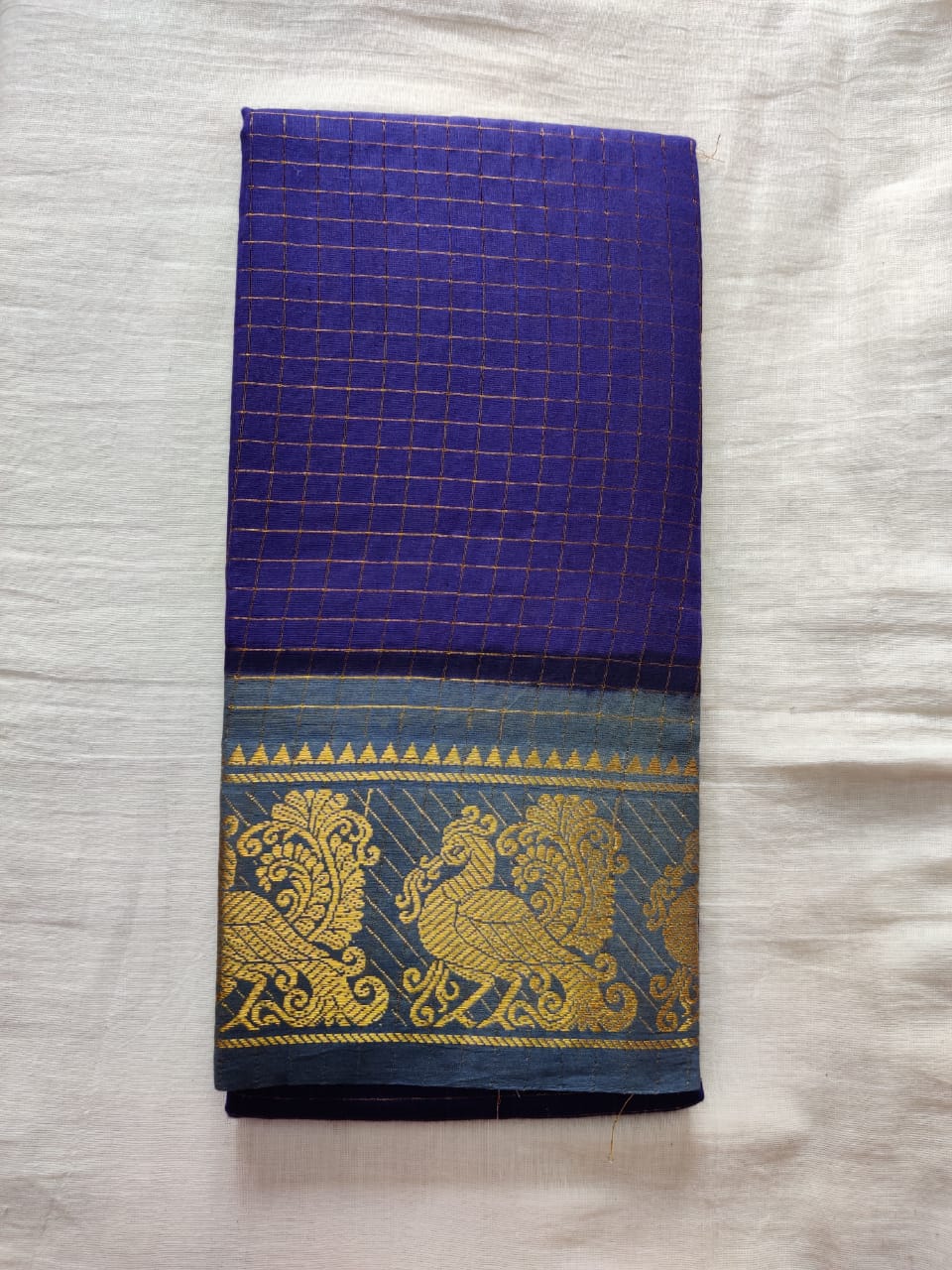 Blue With Gray Border Madurai Sungudi Saree- Double Side Jari Border Jari Check