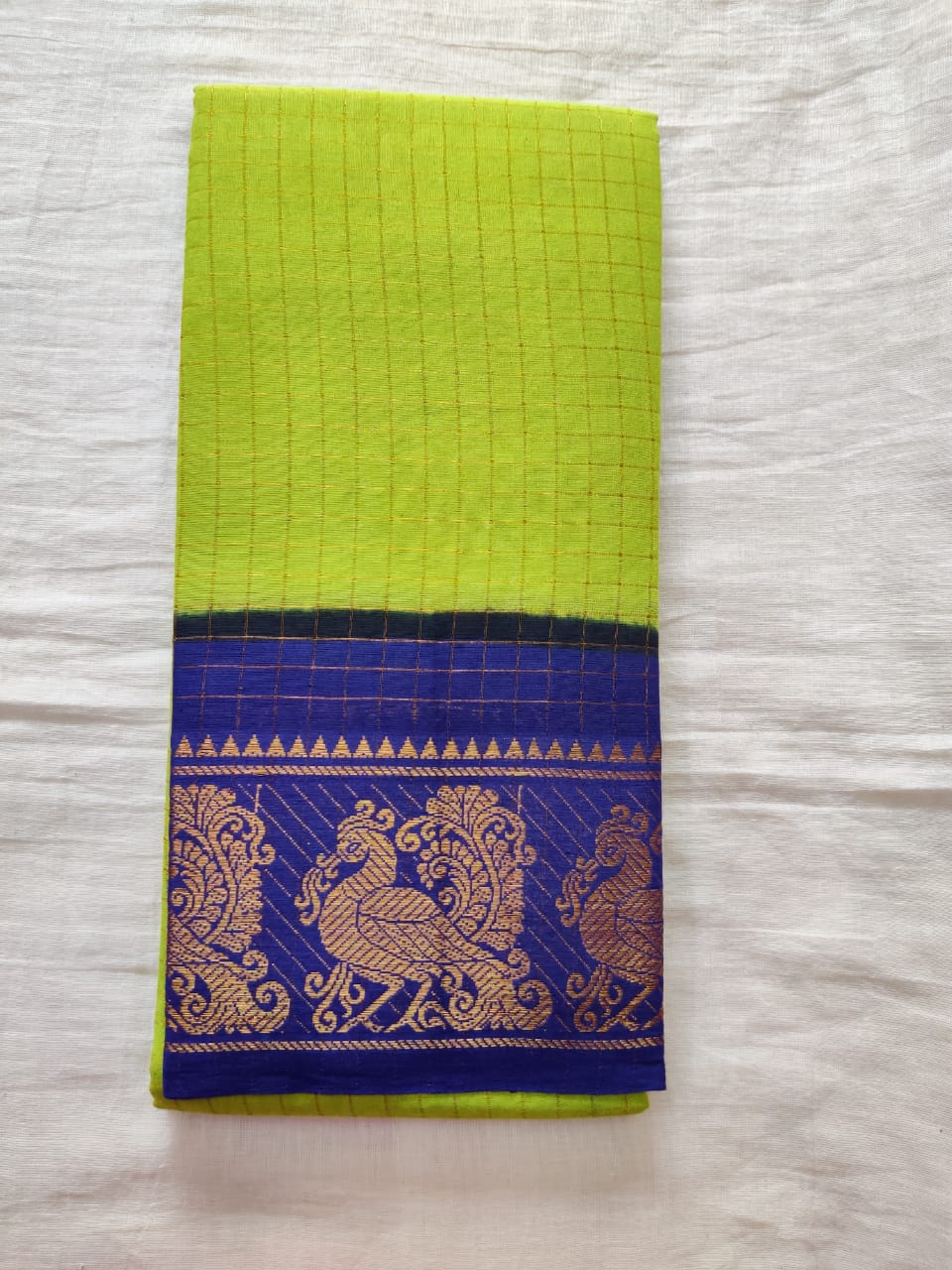 Pear Green With Blue Border Madurai Sungudi Saree- Double Side Jari Border Jari Check