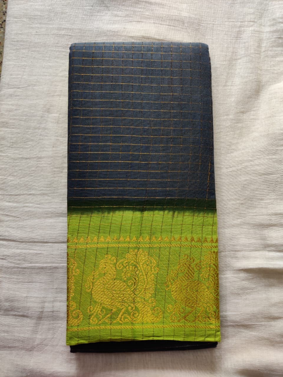 Black With Green Border Madurai Sungudi Saree- Double Side Jari Border Jari Check
