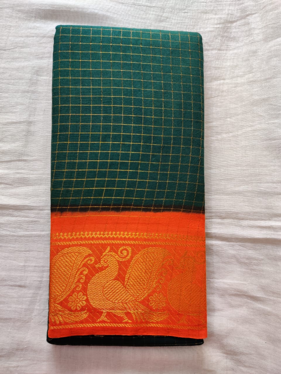 Dark Green With Orange Border Madurai Sungudi Saree- Double Side Jari Border Jari Check