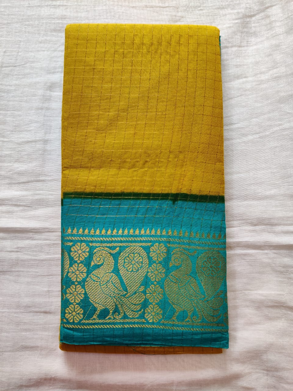 Mustard With Green Border Madurai Sungudi Saree- Double Side Jari Border Jari Check