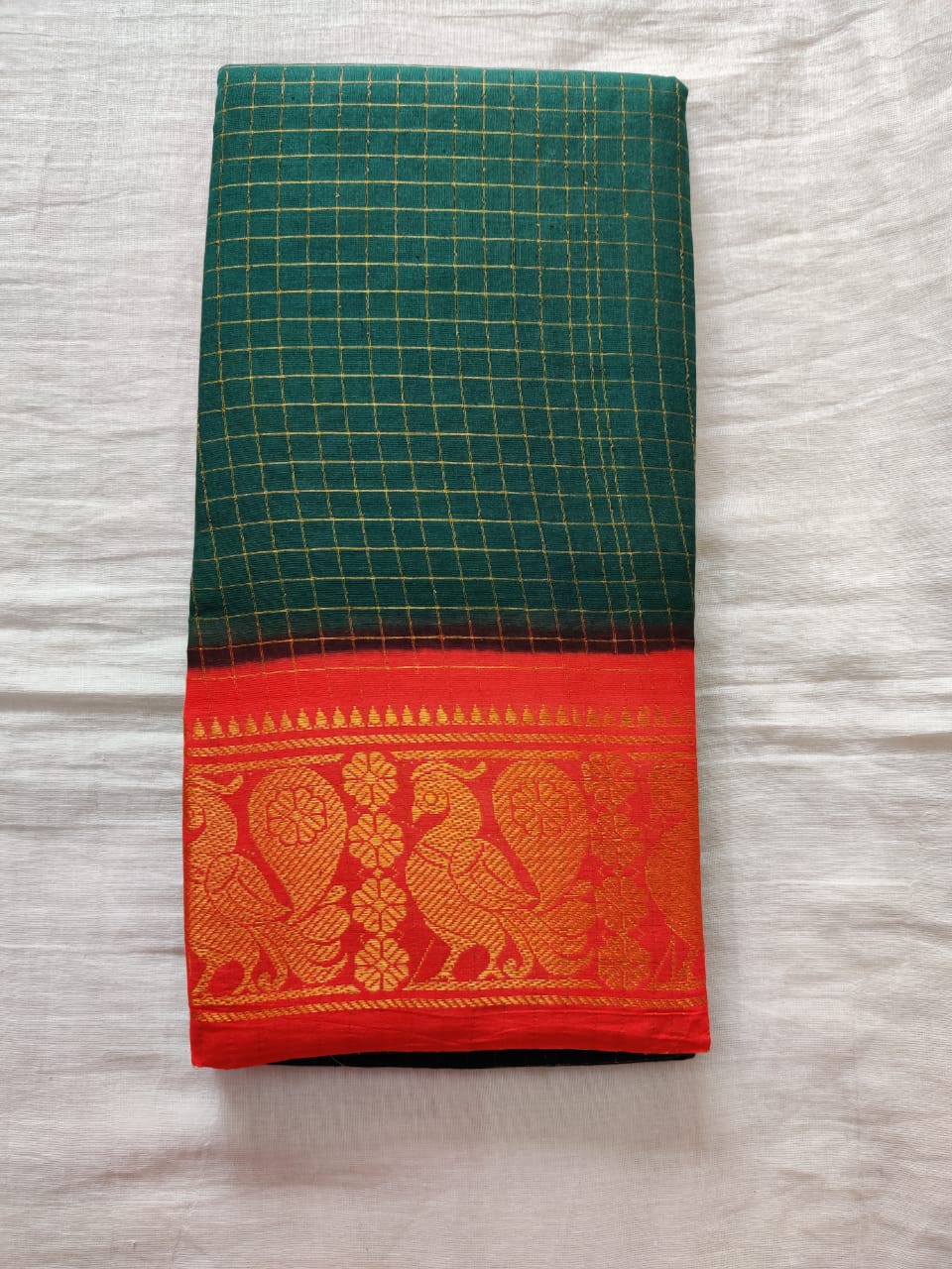 Green With Orange Border Madurai Sungudi Saree- Double side Jari Border Jari Check
