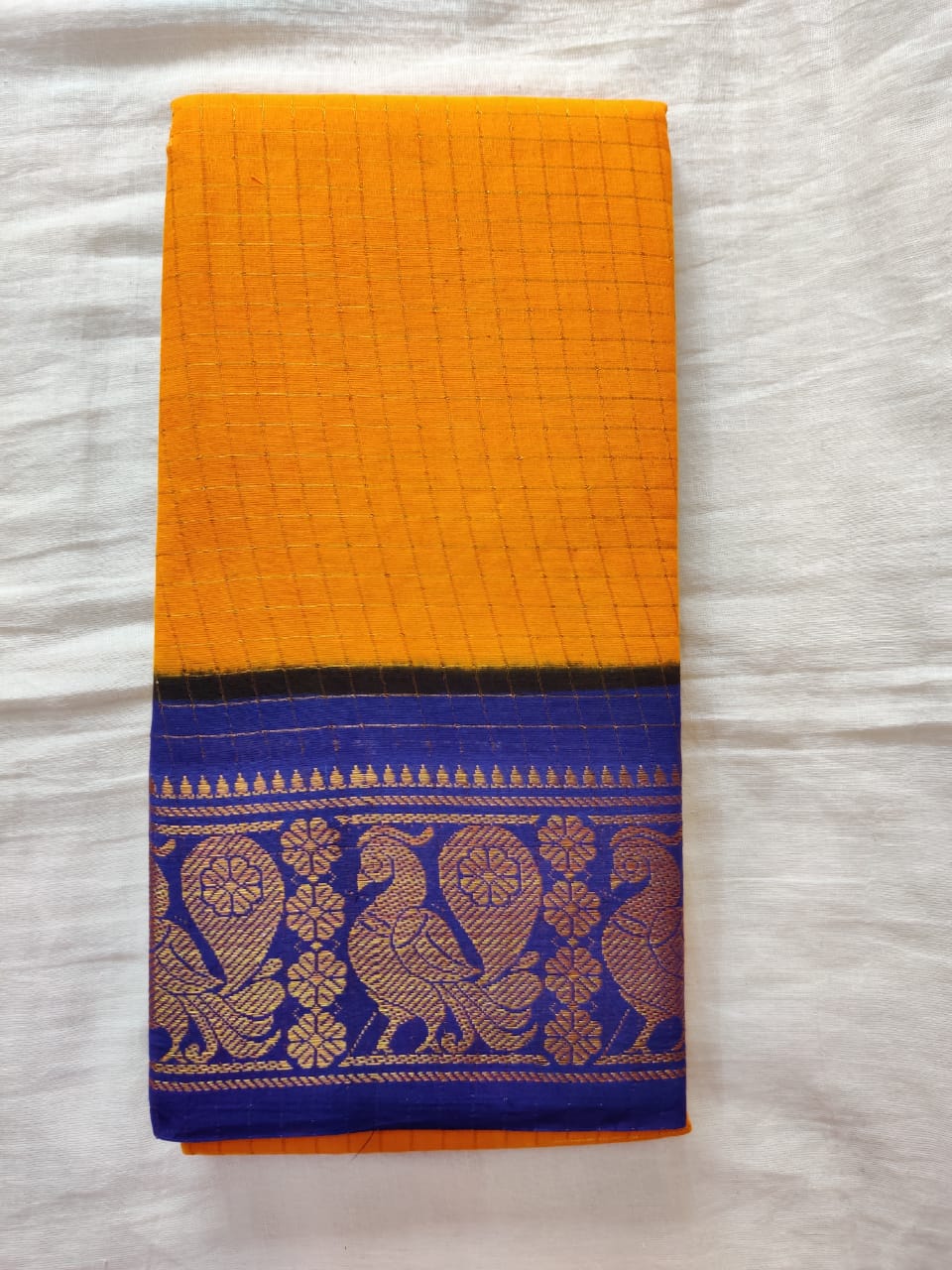 Yellow With Blue Golden Border Madurai Sungudi Saree- Double side Jari Border Jari Check