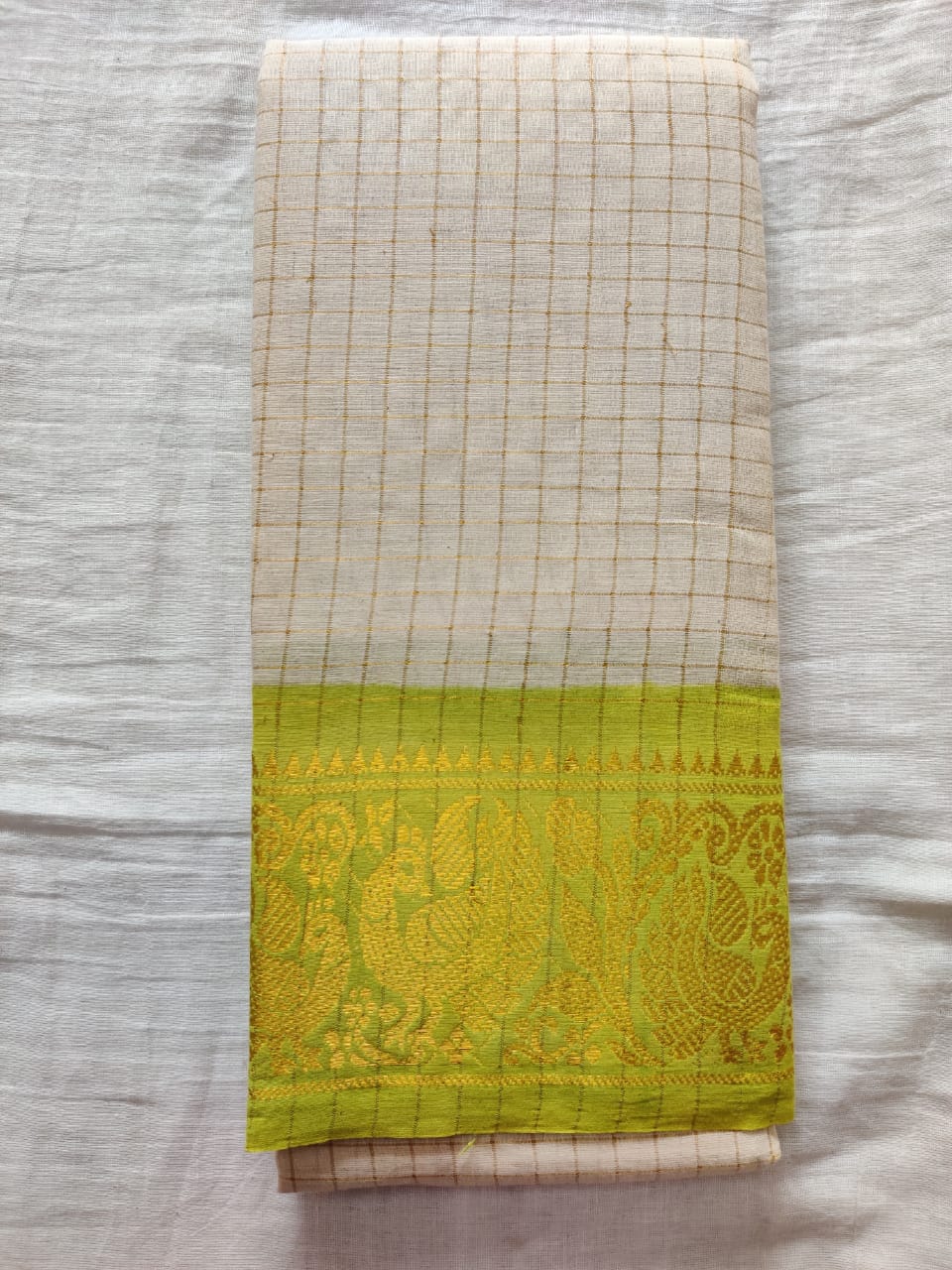White With Olive Green Border Madurai Sungudi Saree- Double Side Jari Border Jari Check