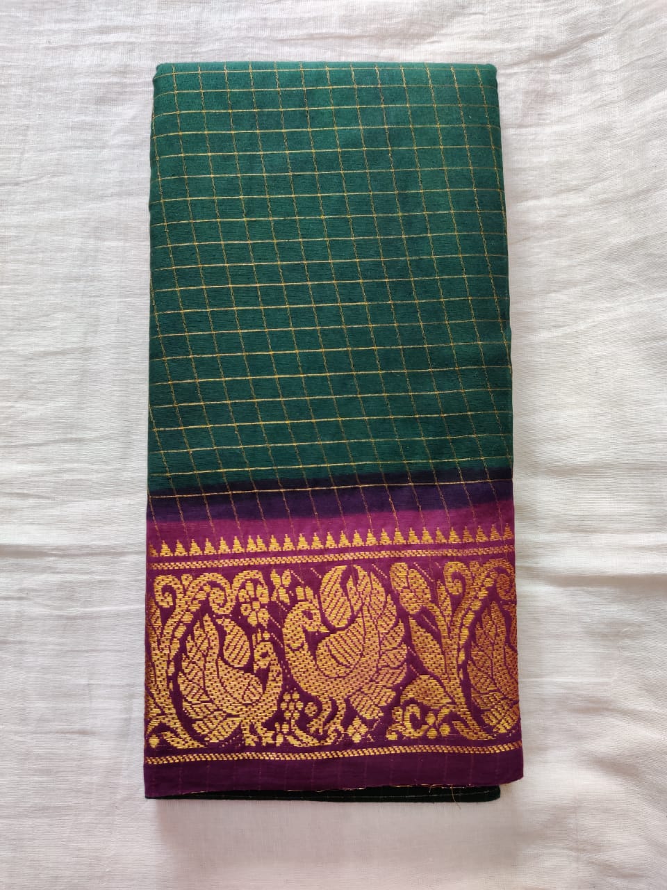 Green With Purple Border Madurai Sungudi Saree- Double Side Jari Border Jari Check