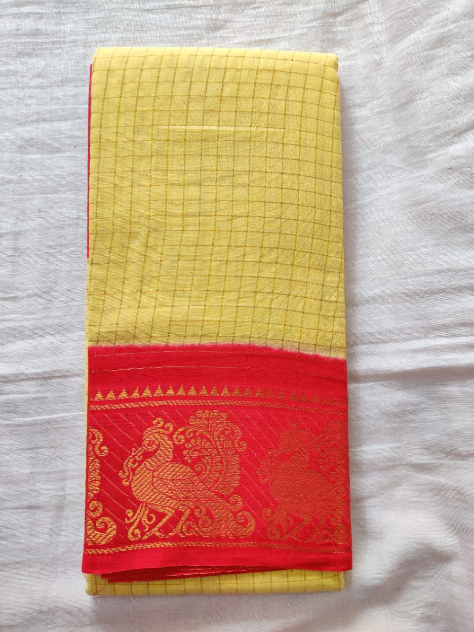 Sandal With Red Border Madurai Sungudi Saree- Double Side Jari Border Jari Check