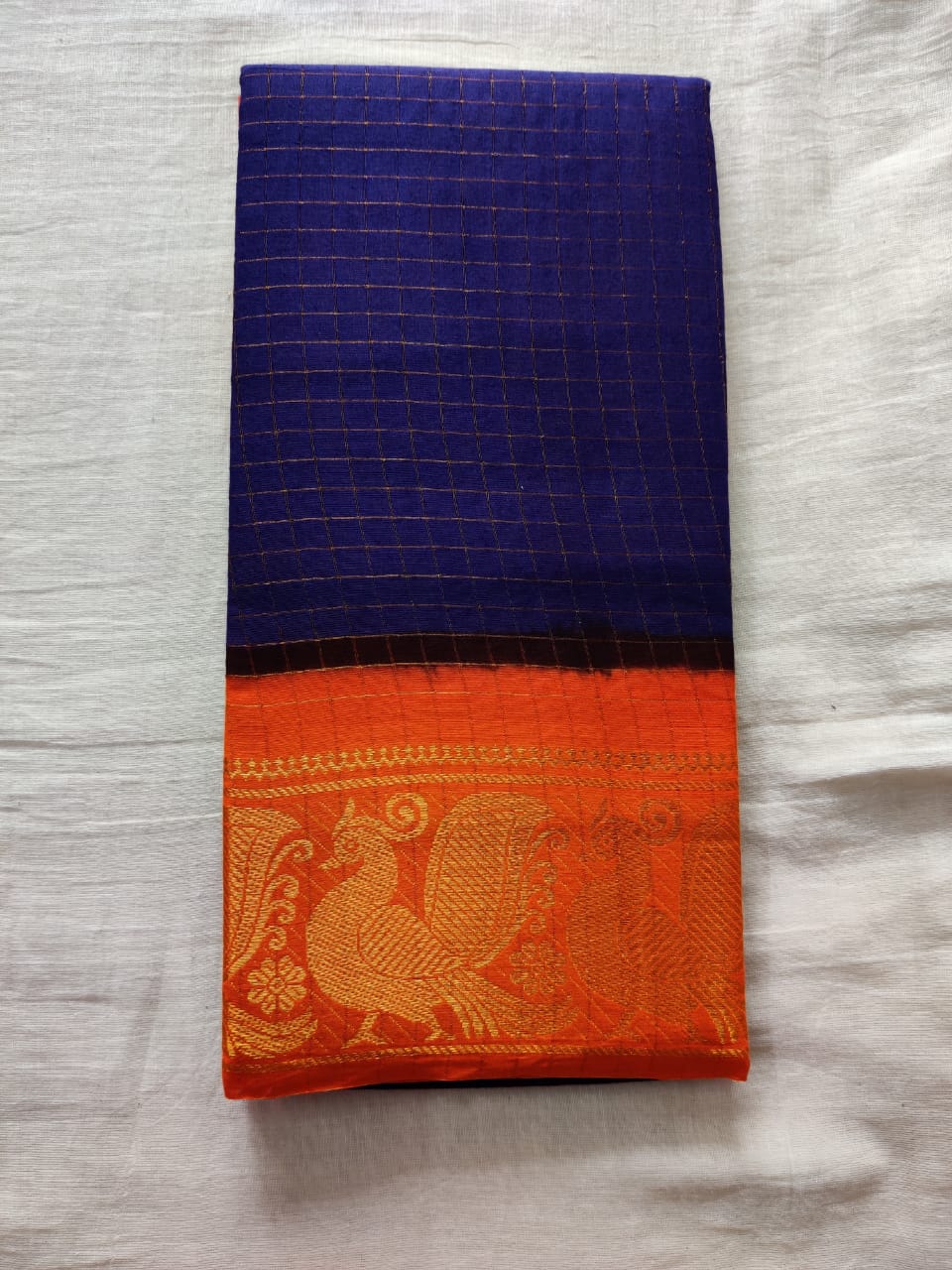 Ink Blue With Orange Border Madurai Sungudi Saree- Double Side Jari Border Jari Check