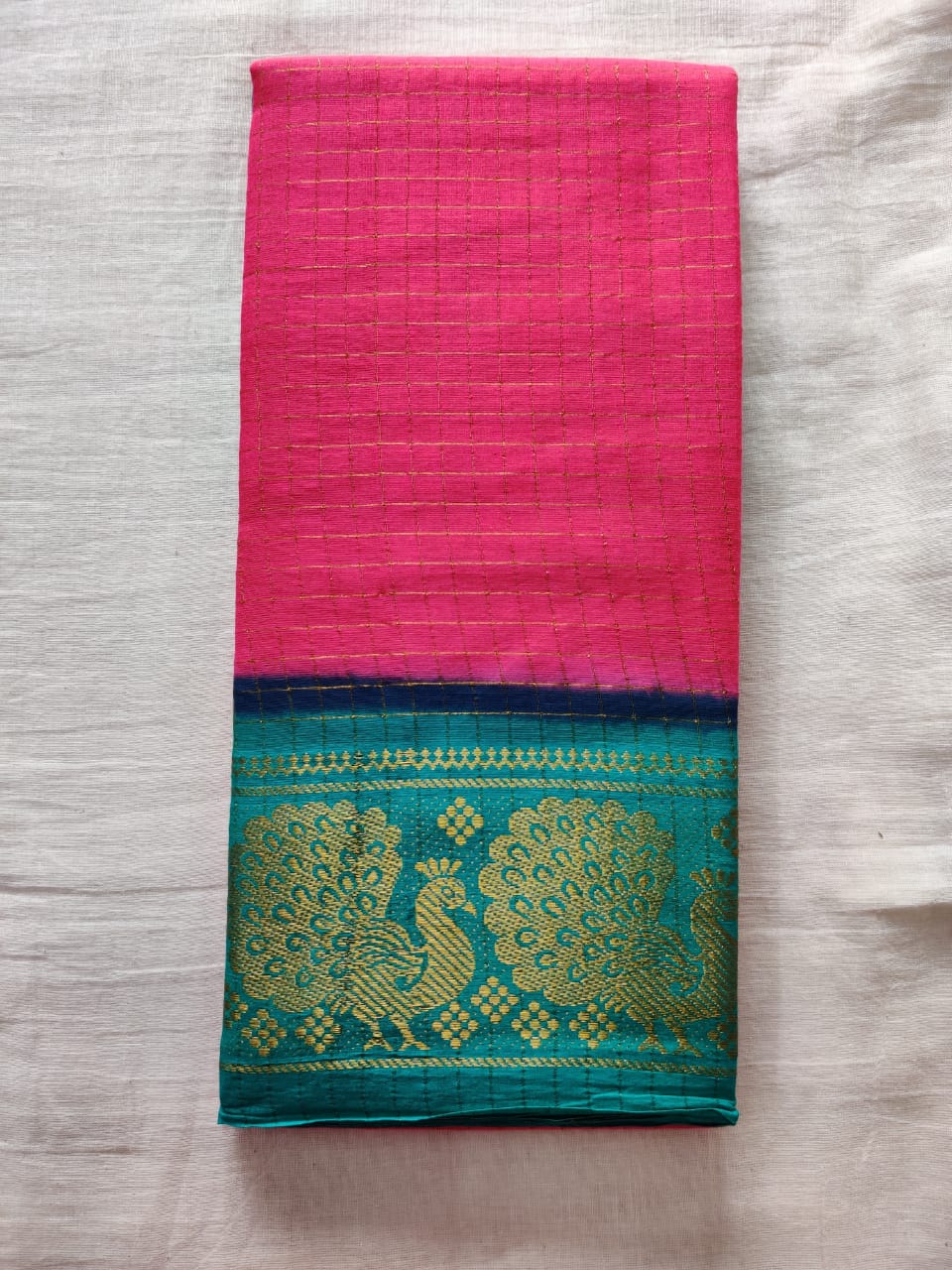 Hot Pink With Blue Border Madurai Sungudi Saree- Double Side Jari Border Jari Check