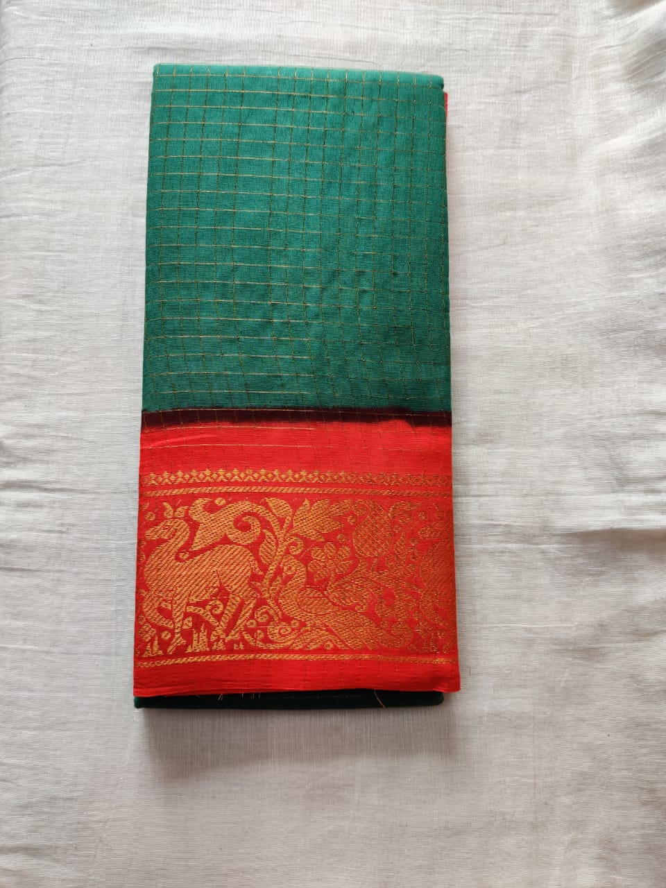 Dark Green With Orange Border Madurai Sangudi Saree- Double Side Jari Border Jari Check