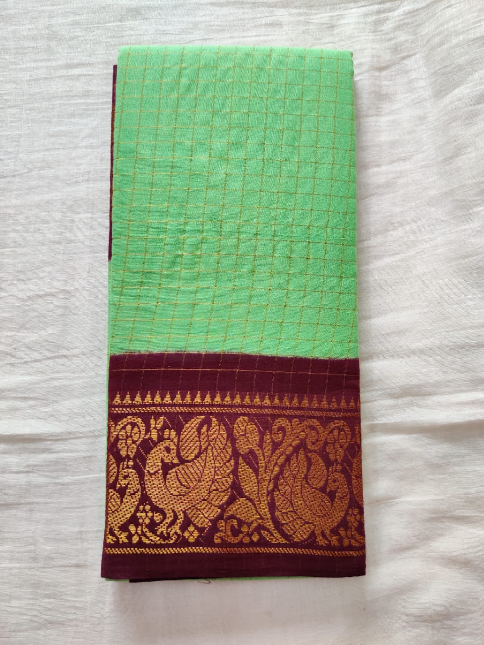 Green With Maroon Golden Border Madurai Sungudi Saree- Double Side Jari Border Jari Check - DSJS 053