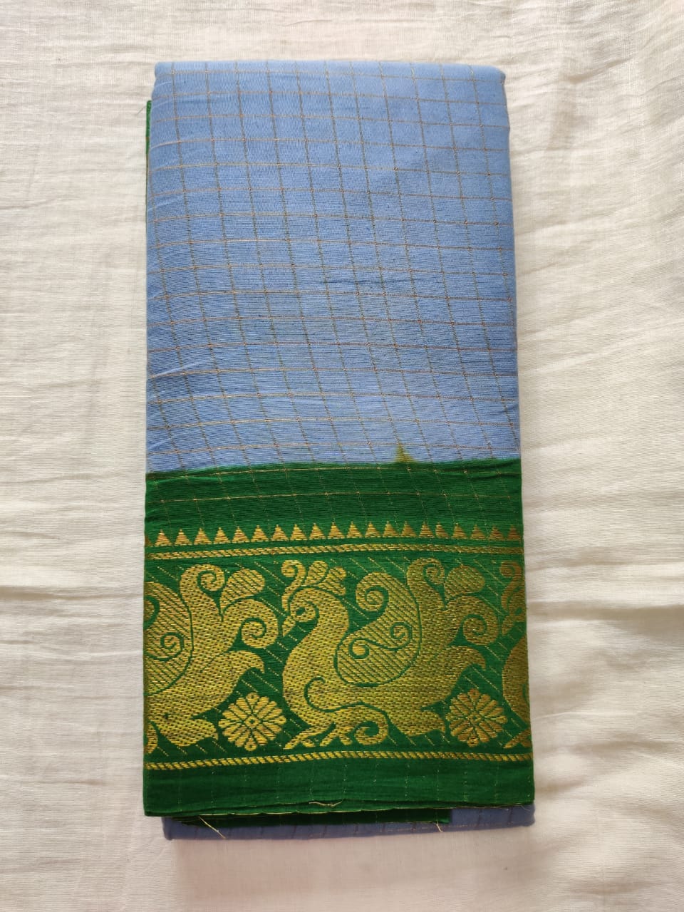 Light Blue With Leaf Green Border Madurai Sungudi Saree- Double Side Jari Border Jari Check