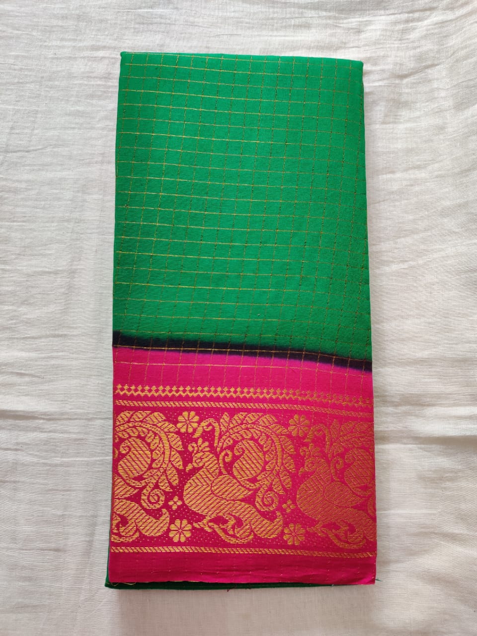 Green With Pink Border Madurai Sungudi Saree- Double Side Jari Border Jari Check