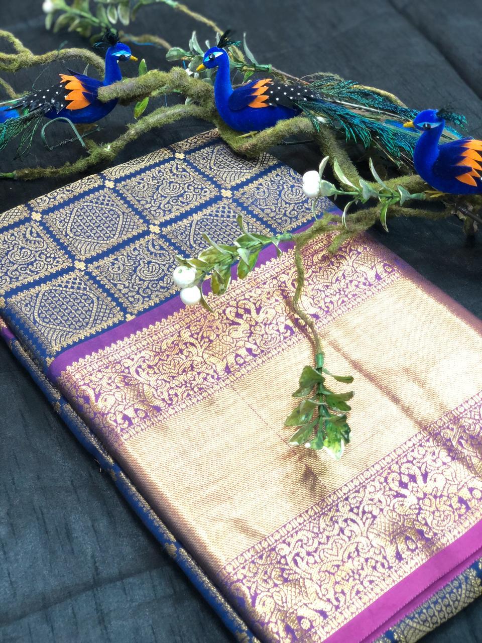 Dark Blue With Purple Golden Border Banarasi Silk Saree (Blend)