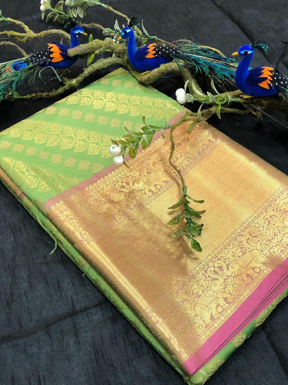 Green Pink With Golden Border Banarasi Silk Saree (Blend)