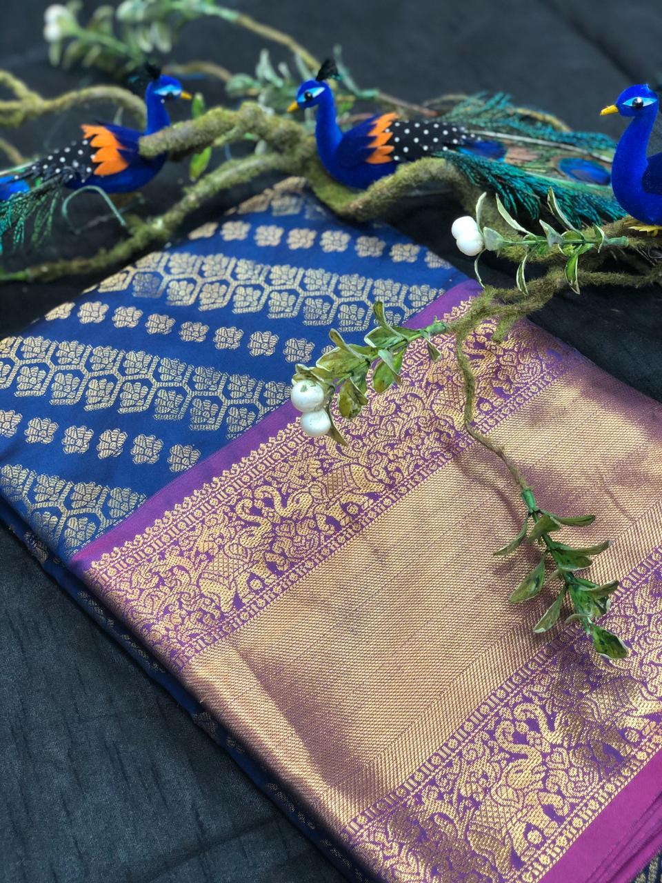 Persian Blue With Purple Golden Border Banarasi Silk Saree (Blend)