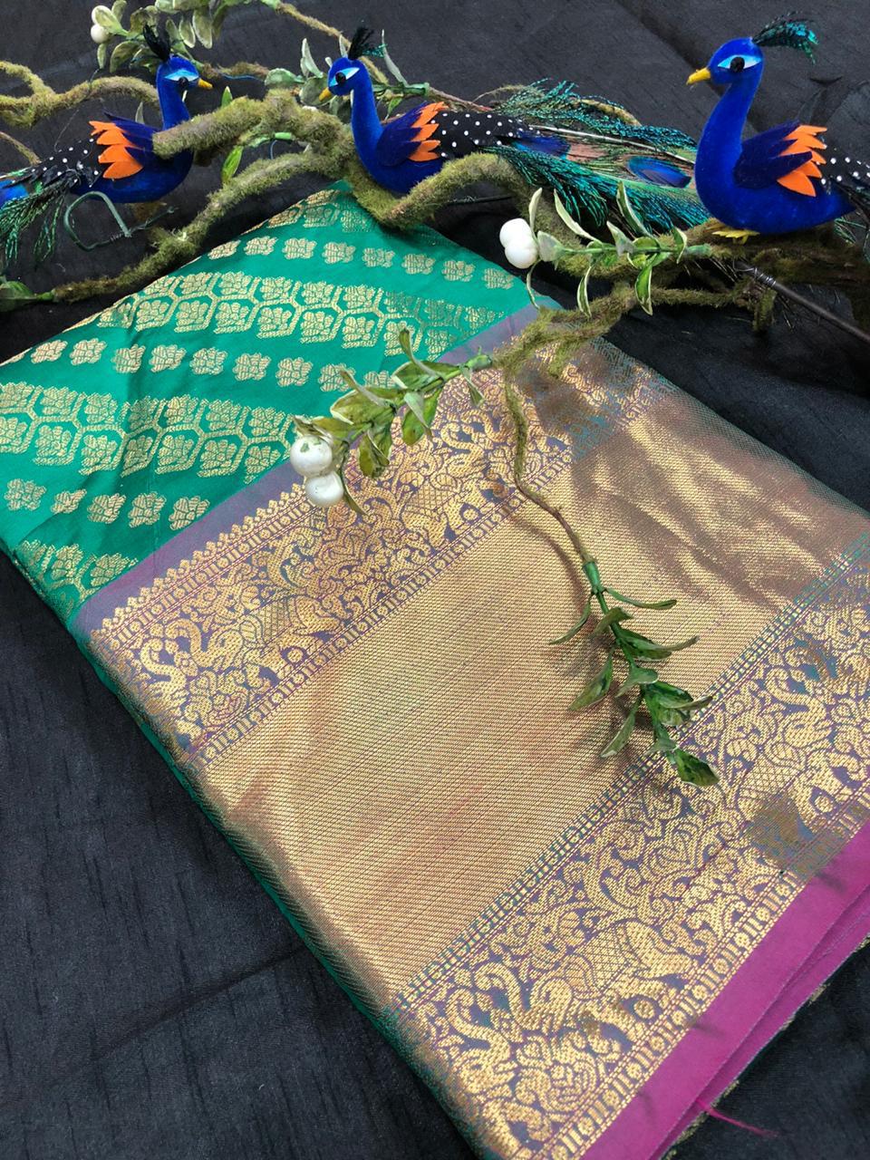 Dark Green With Purple Golden Border Banarasi Silk Saree (Blend)