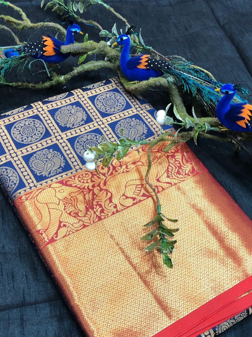 Blue With Red Golden Border Banarasi Silk Saree (Blend)