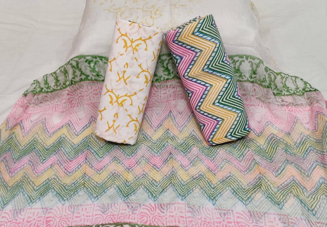 Off-White with Green Handblock Printed Chiffon Dress Material