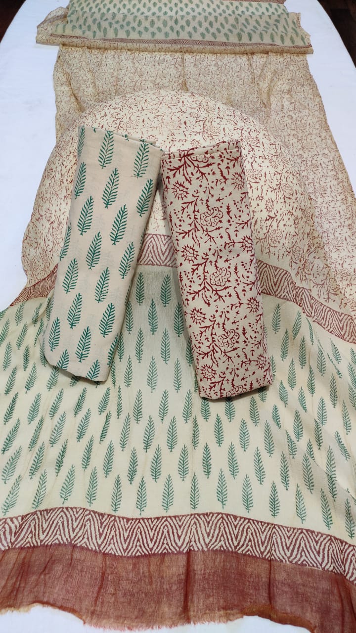 Light Green With Maroon Handblock Printed Chiffon Dress Material