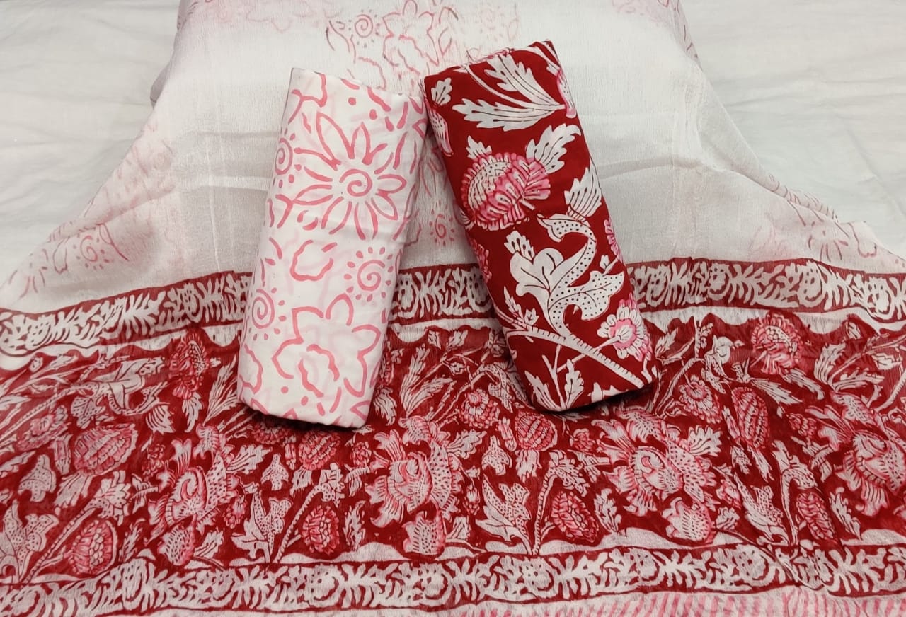 Red With White Handblock Printed Chiffon Dress Material