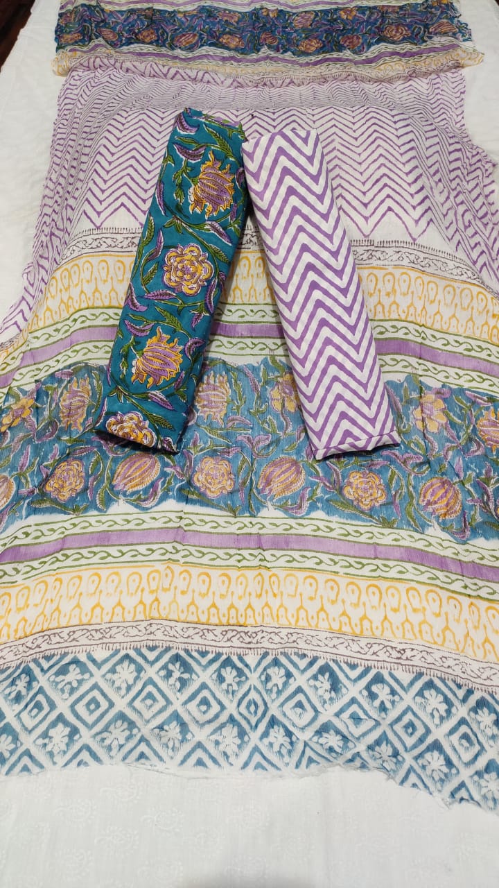 Yellow With Purple Handblock Printed Chiffon Dress Material