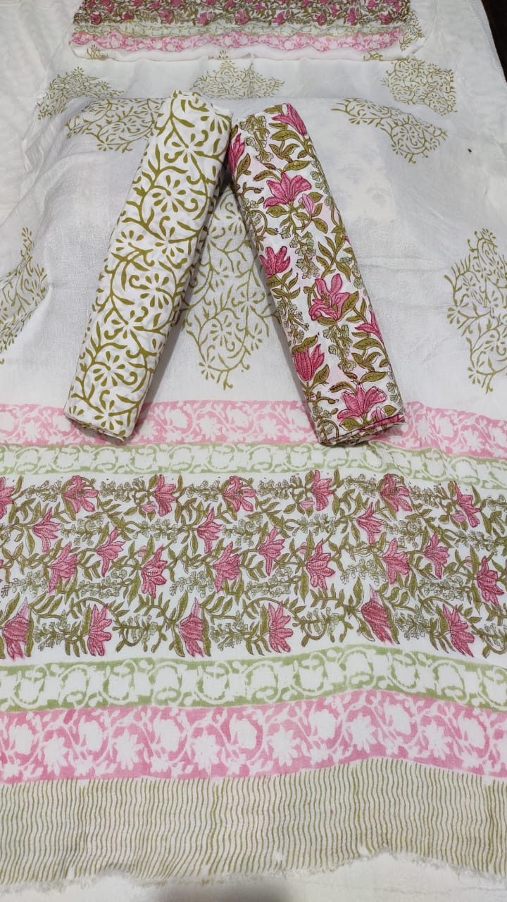 Pink With Peer Green Handblock Printed Chiffon Dress Material