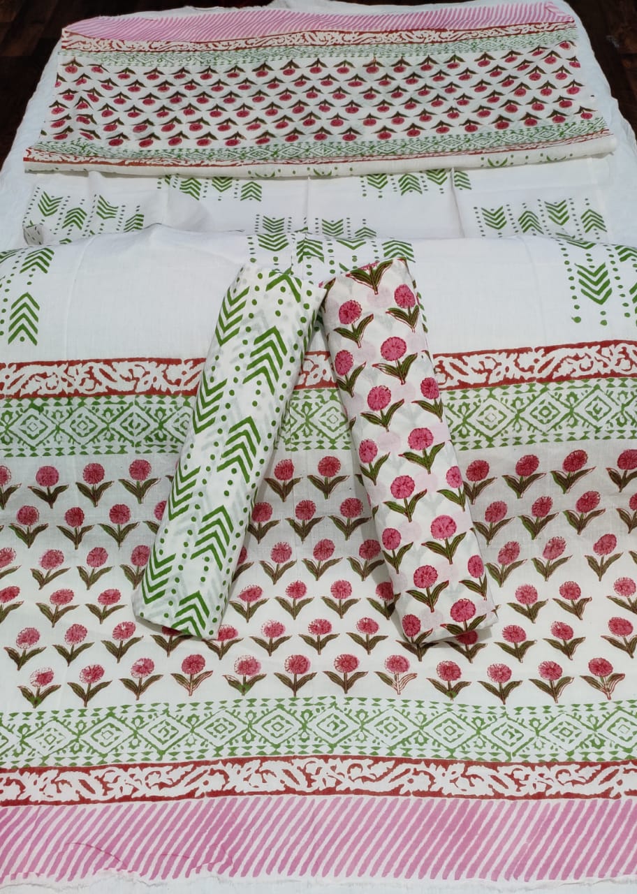 Green With Pink Handblock Printed Cotton Dress Material