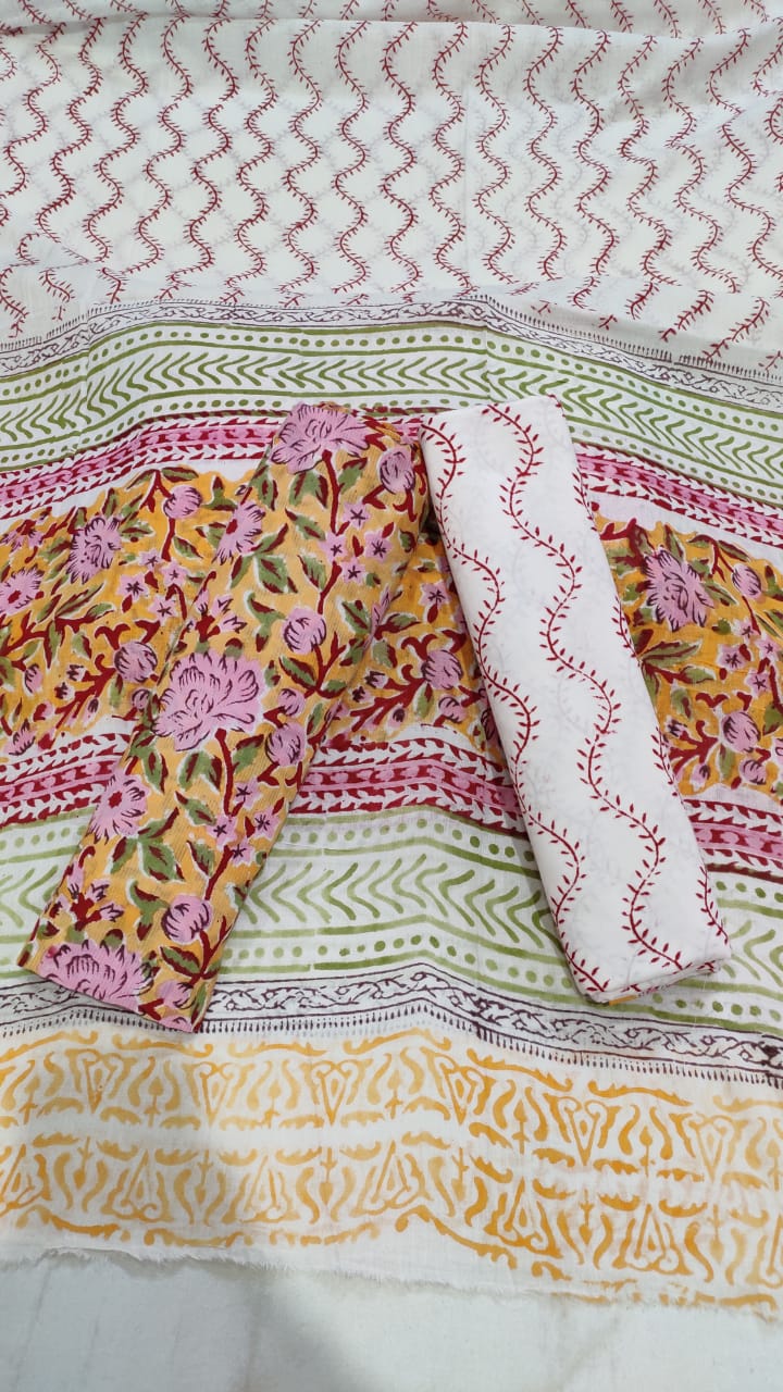 Yellow & Red With Green Handblock Printed Cotton Dress Material