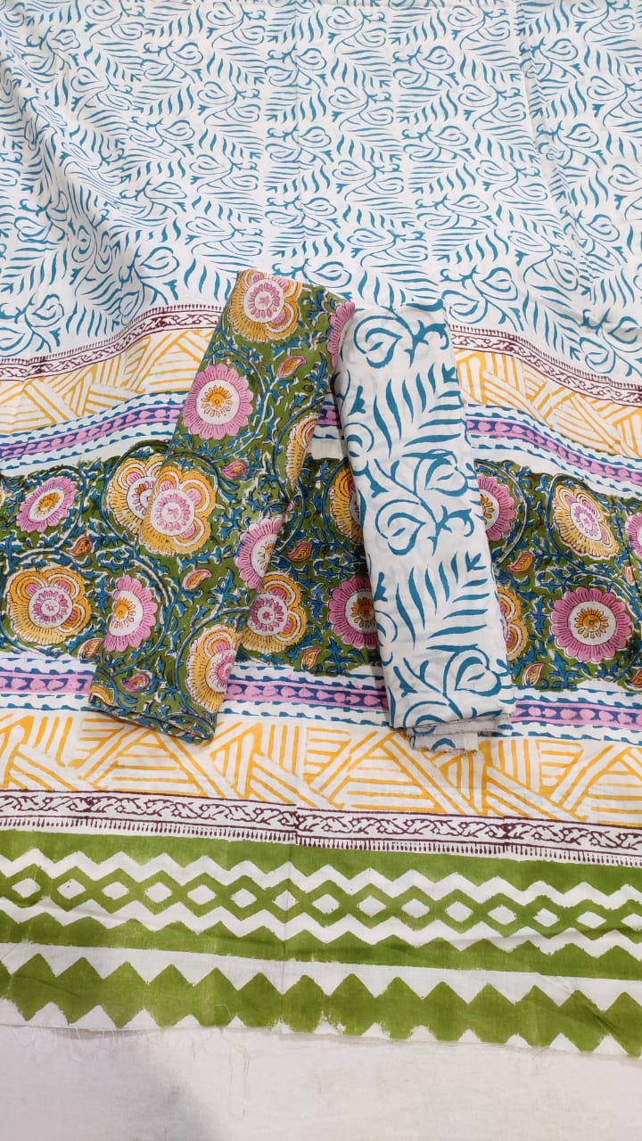 Green With Blue Handblock Printed Cotton Dress Material